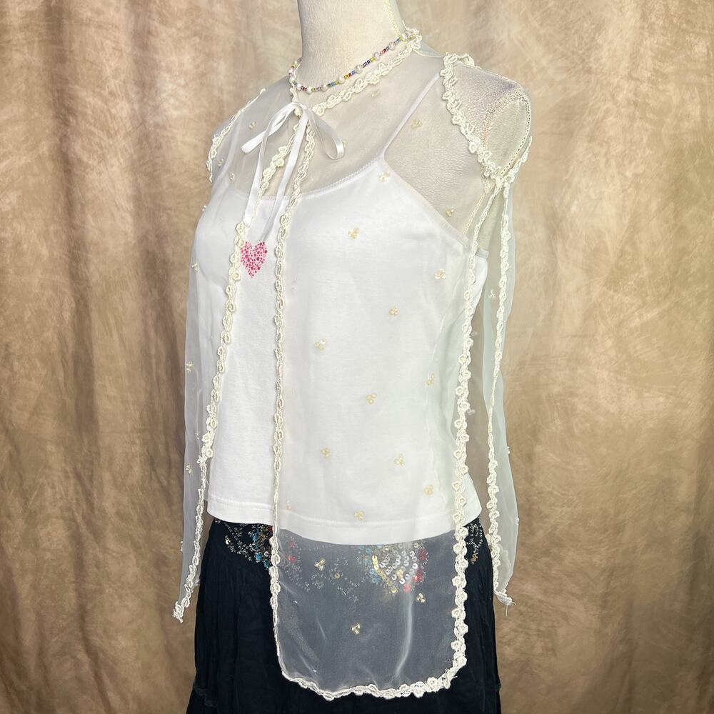 Vintage 60s Handmade Mesh Chiffon Sleeveless Bed Jacket Sheer Sequined Coquette